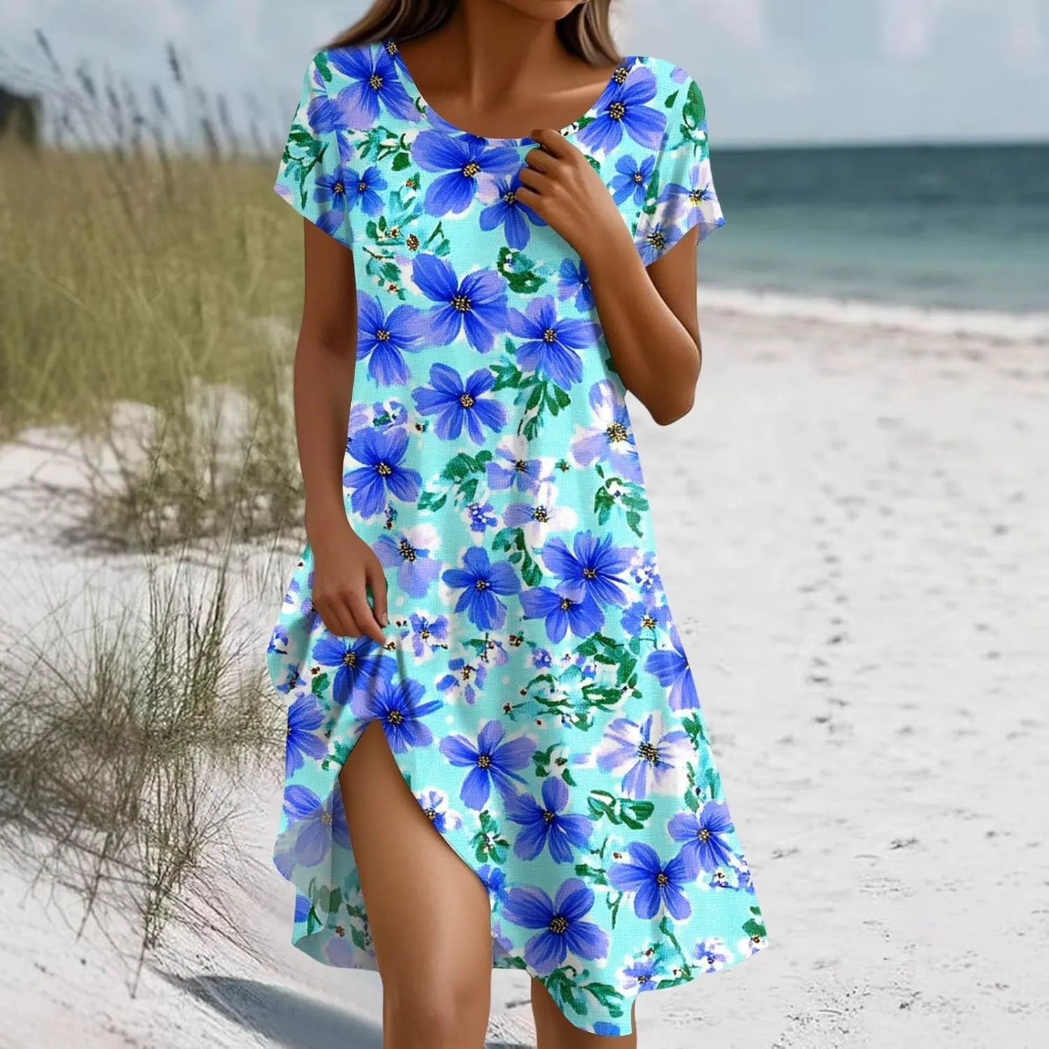 Women's Crew Neck Dresses Casual Sundress Beach Summer Short Sleeve Floral Knee Length A-Line with Pockets