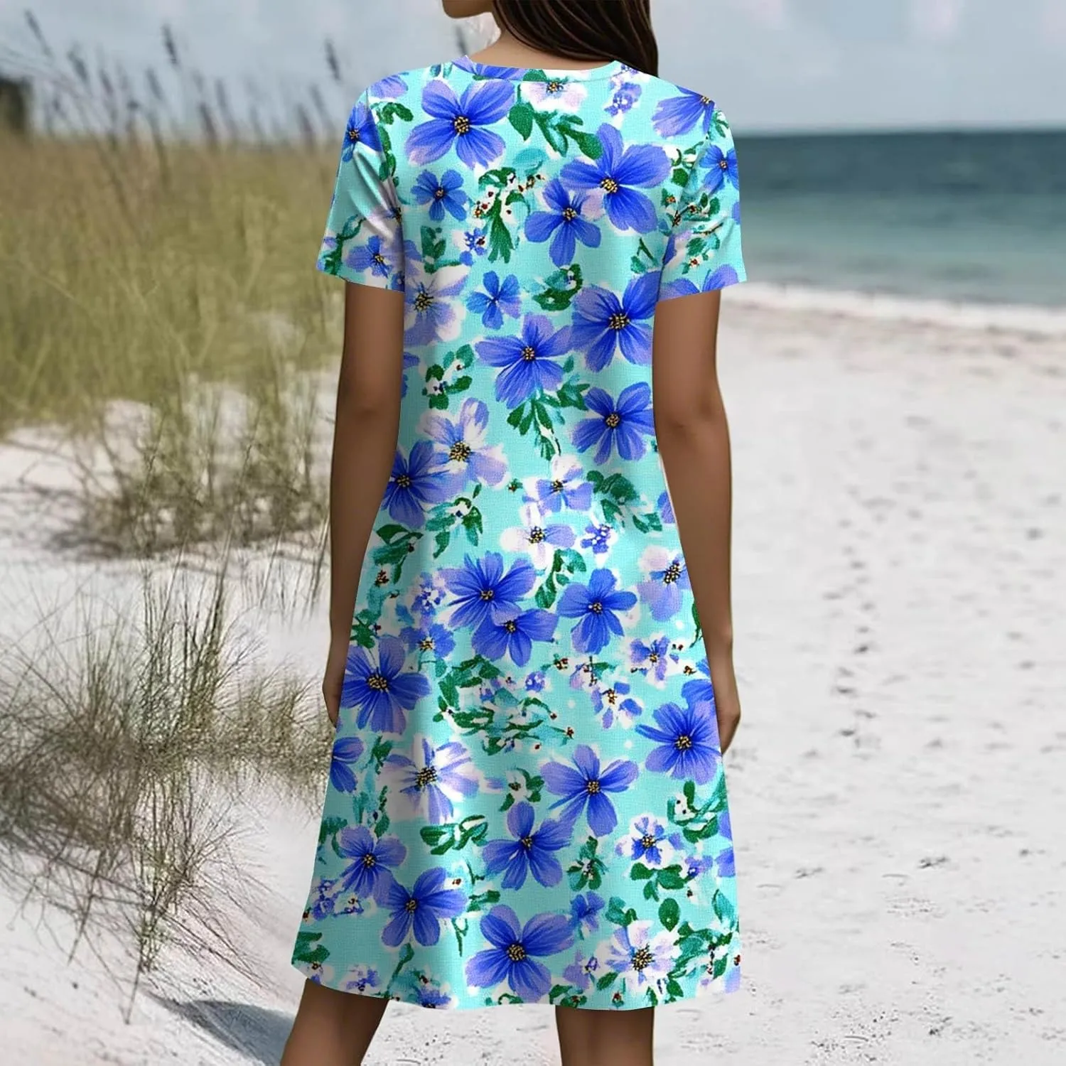 Women's Crew Neck Dresses Casual Sundress Beach Summer Short Sleeve Floral Knee Length A-Line with Pockets