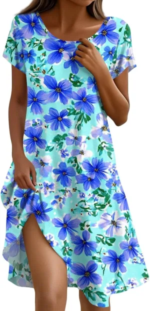 Women's Crew Neck Dresses Casual Sundress Beach Summer Short Sleeve Floral Knee Length A-Line with Pockets