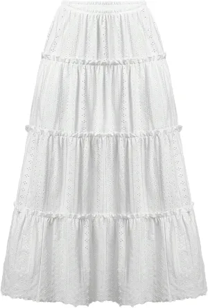 Women's High Rise Tiered Frill Ruffled Flowy Skirts Casual Summer Loose Fit Eyelet Pleated Swing A Line Midi Skirt