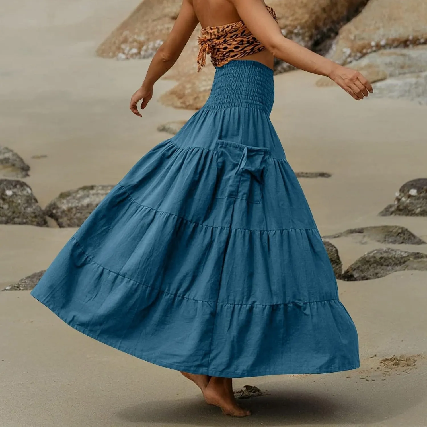 Womens Maxi Boho Skirt Long Pockets Hippie Bohemian Elastic Waist Gypsy Skirt Summer Flowy Pleated Tiered A Line Skirts