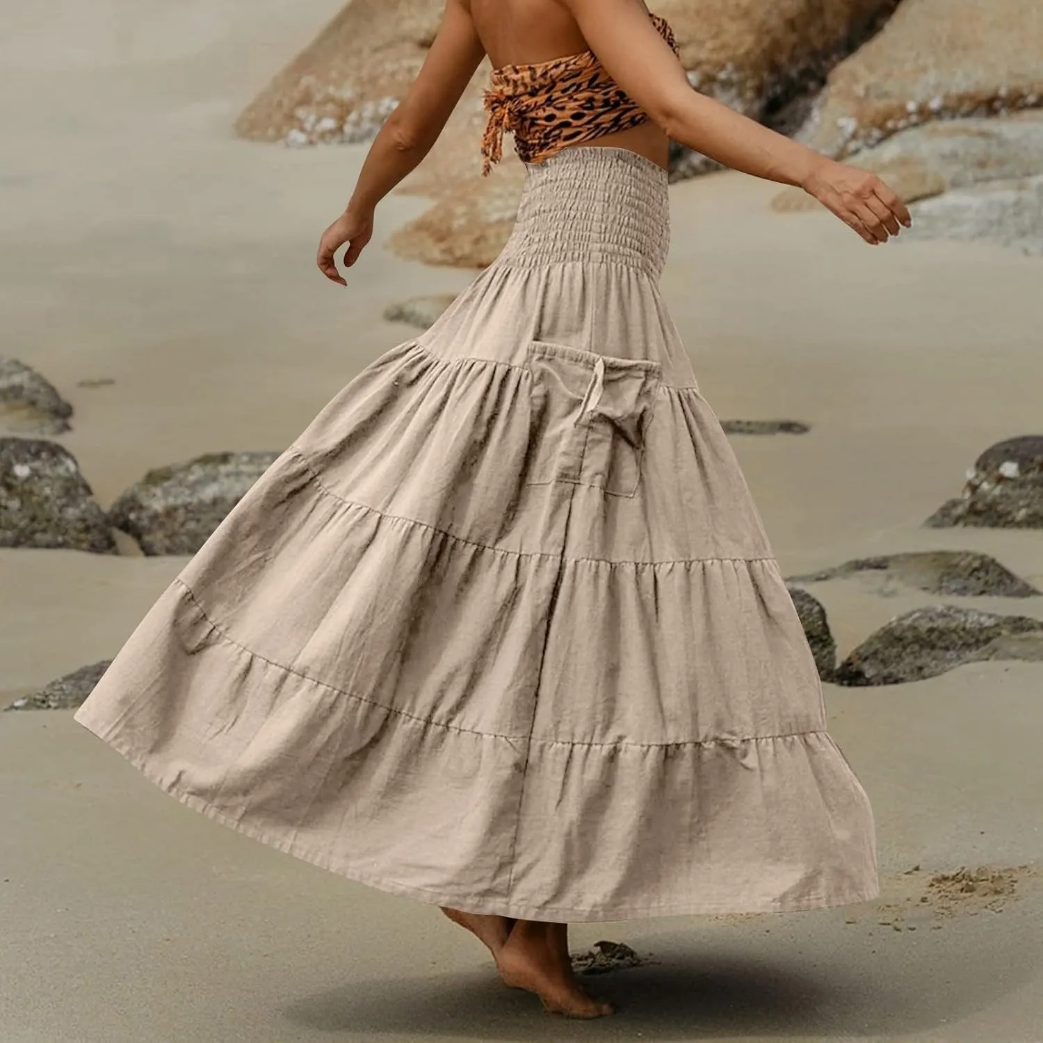 Womens Maxi Boho Skirt Long Pockets Hippie Bohemian Elastic Waist Gypsy Skirt Summer Flowy Pleated Tiered A Line Skirts