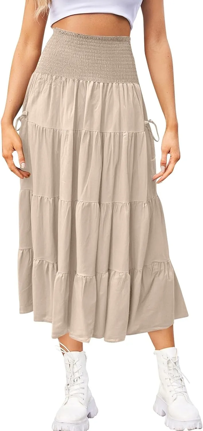Womens Maxi Boho Skirt Long Pockets Hippie Bohemian Elastic Waist Gypsy Skirt Summer Flowy Pleated Tiered A Line Skirts