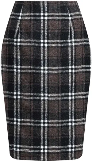 Women's Midi Wool Pencil Skirt Knee Length Elastic Waist Skirt Plaid Work Business Mini Skirts with Slit Zipper