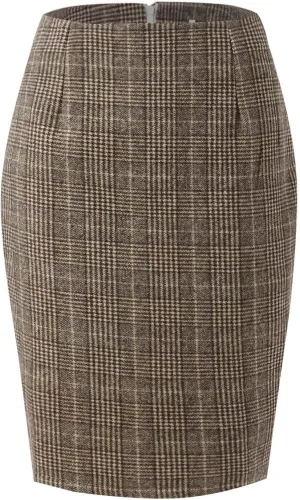 Women's Midi Wool Pencil Skirt Knee Length Elastic Waist Skirt Plaid Work Business Mini Skirts with Slit Zipper