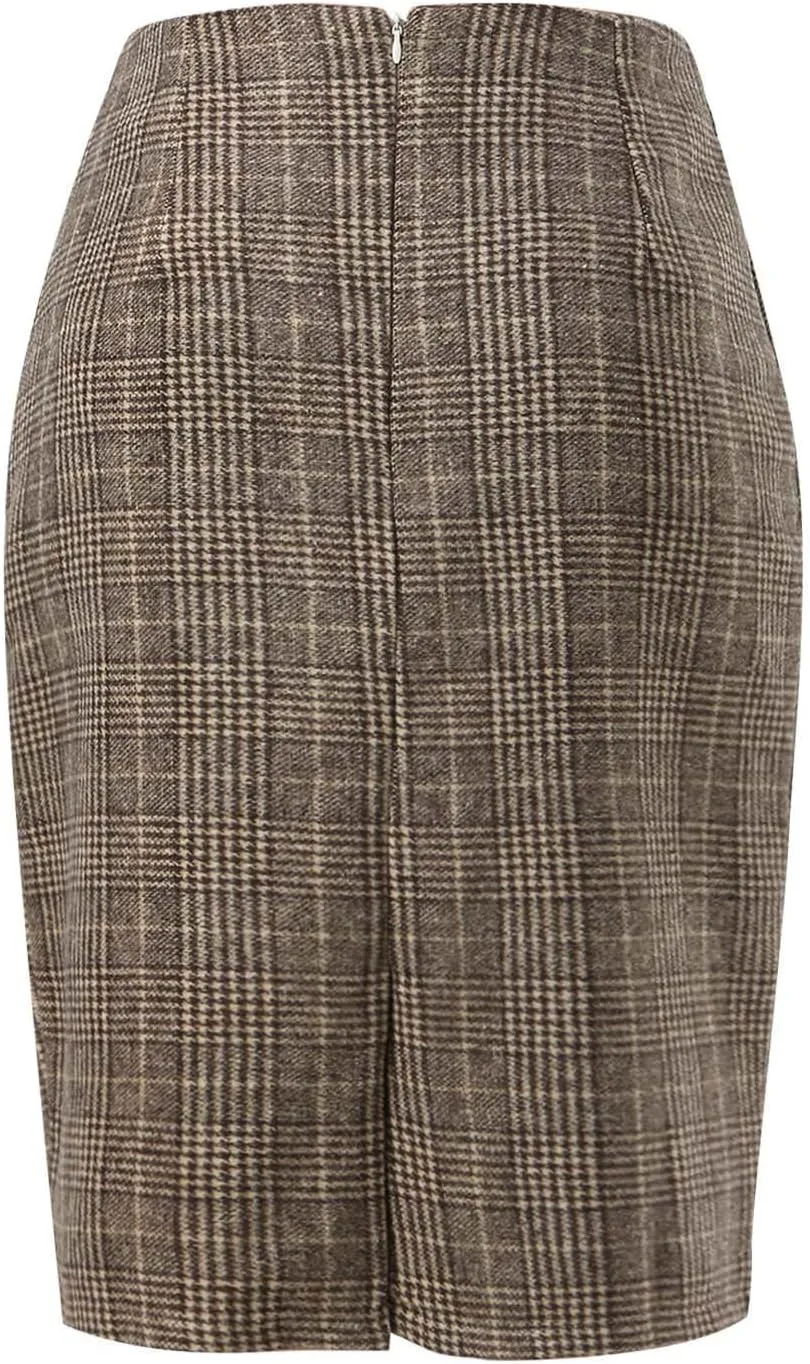 Women's Midi Wool Pencil Skirt Knee Length Elastic Waist Skirt Plaid Work Business Mini Skirts with Slit Zipper
