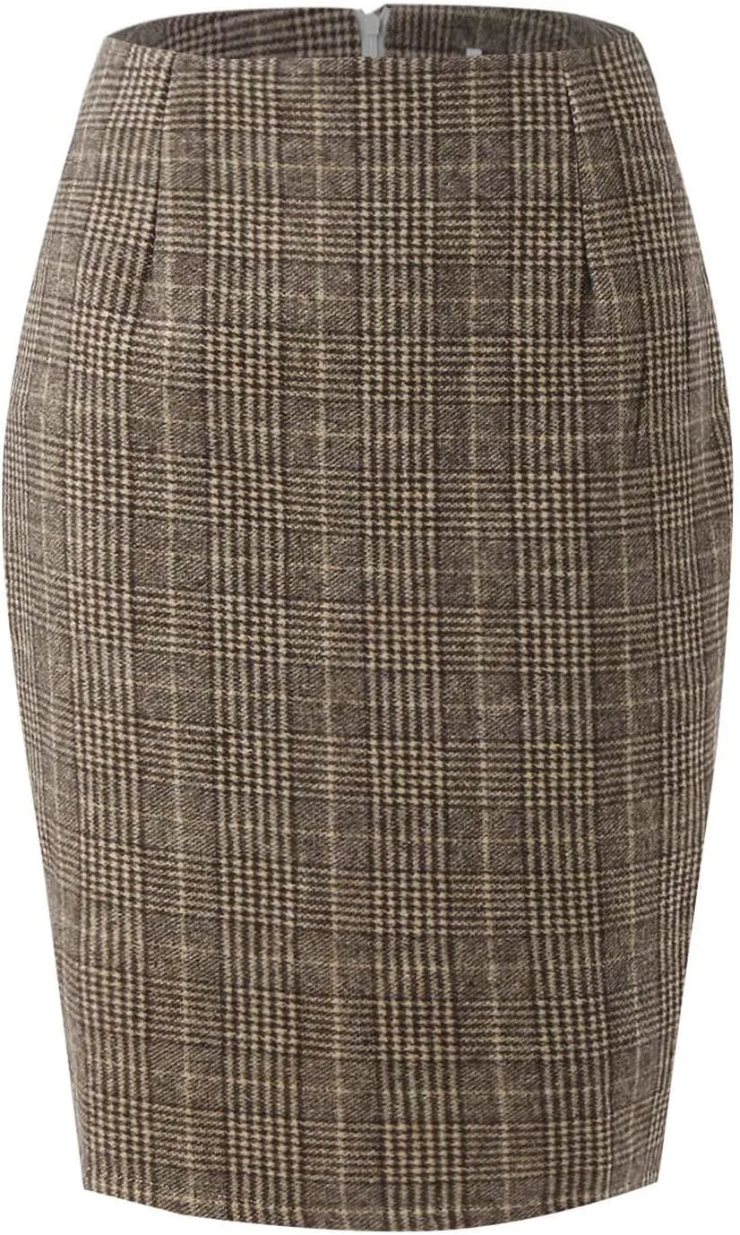 Women's Midi Wool Pencil Skirt Knee Length Elastic Waist Skirt Plaid Work Business Mini Skirts with Slit Zipper