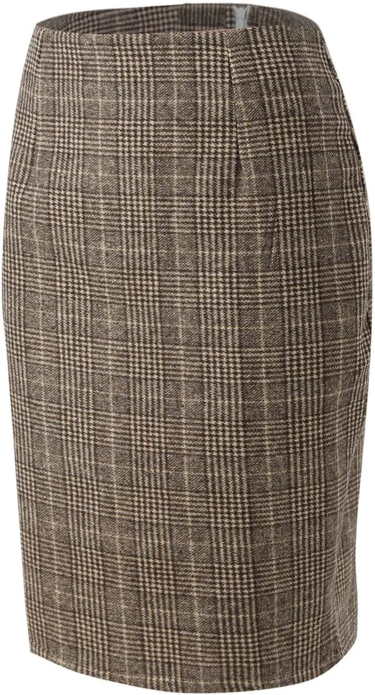 Women's Midi Wool Pencil Skirt Knee Length Elastic Waist Skirt Plaid Work Business Mini Skirts with Slit Zipper