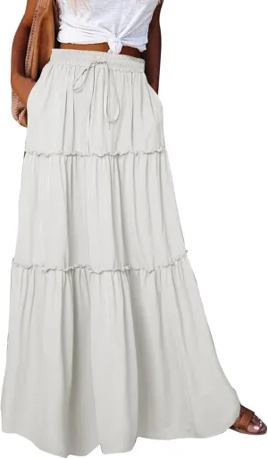 Women's Summer Boho Maxi Skirt A-Line Flowy Ruffle Tiered Elastic High Waist Beach Pleated Long Skirts with Pockets