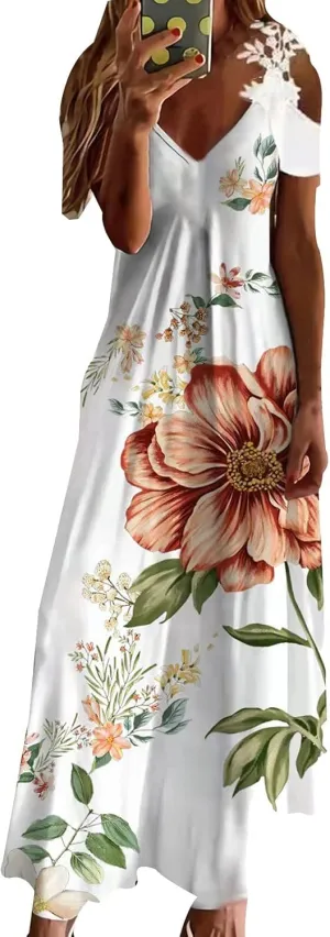 Women's Summer Casual Loose Trendy Short Sleeve V-Neck Strapless Floral Print Holiday Boho Maxi Dress, S-3XL