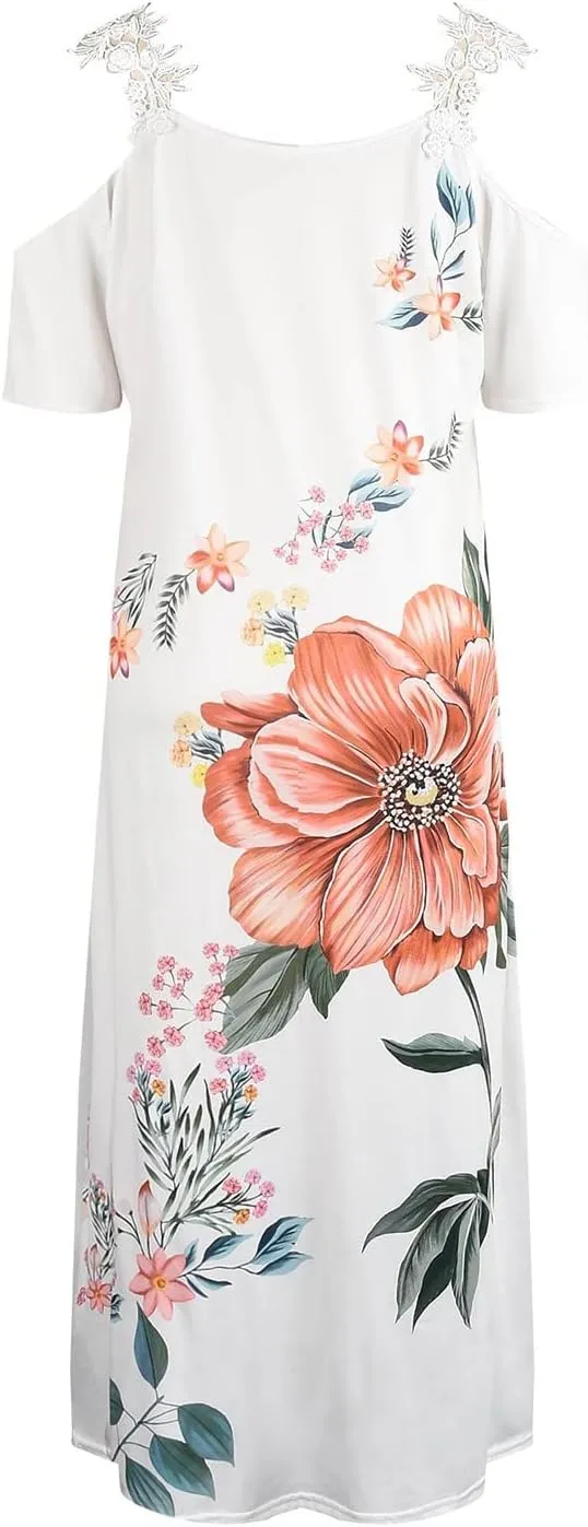Women's Summer Casual Loose Trendy Short Sleeve V-Neck Strapless Floral Print Holiday Boho Maxi Dress, S-3XL