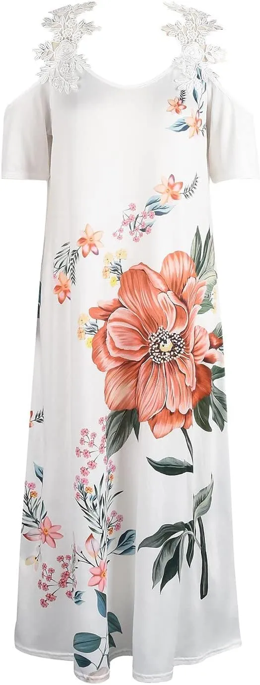 Women's Summer Casual Loose Trendy Short Sleeve V-Neck Strapless Floral Print Holiday Boho Maxi Dress, S-3XL