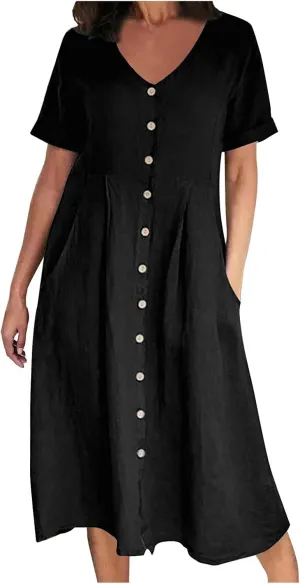 Women's Summer Dresses Casual V Neck Button Down Short Sleeve Midi Dress Loose Cotton Linen Dress with Pockets