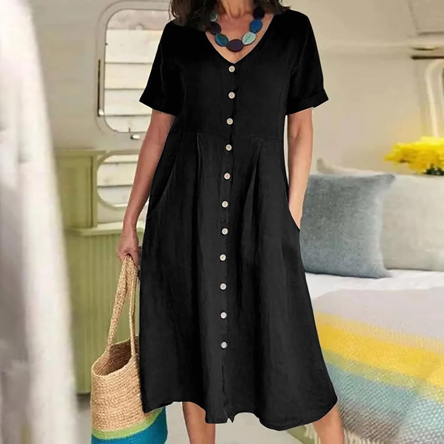Women's Summer Dresses Casual V Neck Button Down Short Sleeve Midi Dress Loose Cotton Linen Dress with Pockets