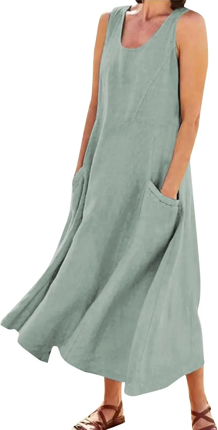 Womens Summer Linen Tank Dresses Casual Beach Floral Sleeveless Vacation Sundress Travel Outfits Cotton Maxi Dress