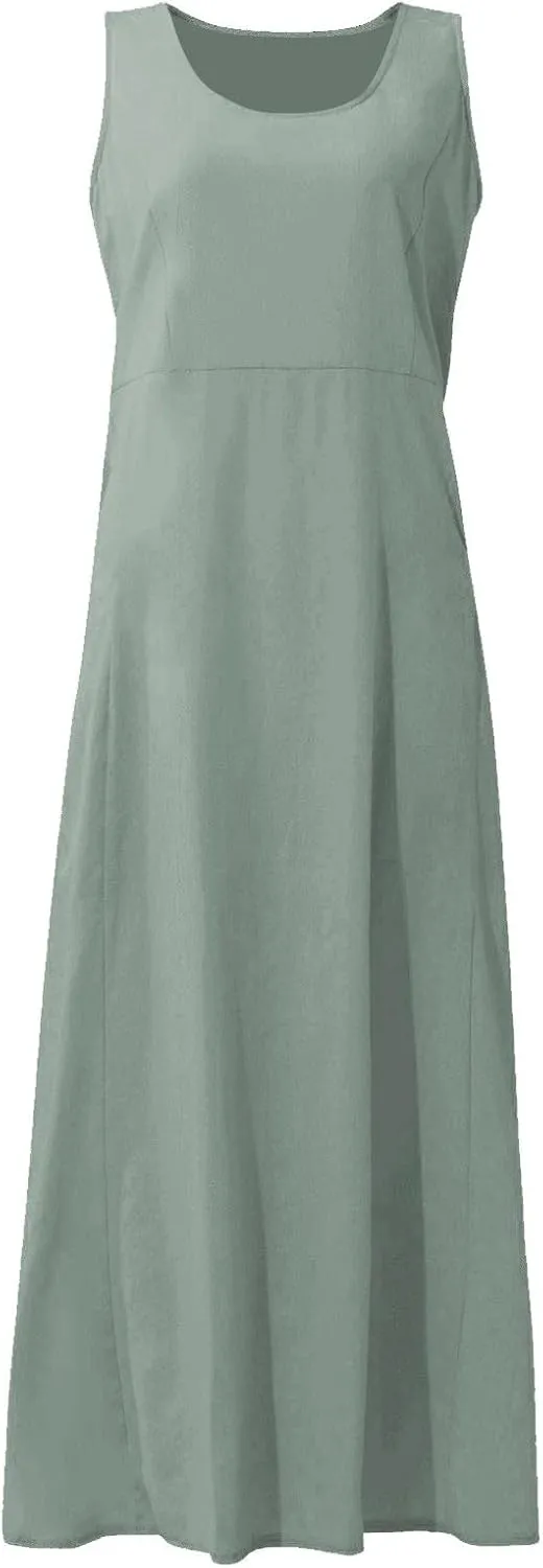 Womens Summer Linen Tank Dresses Casual Beach Floral Sleeveless Vacation Sundress Travel Outfits Cotton Maxi Dress