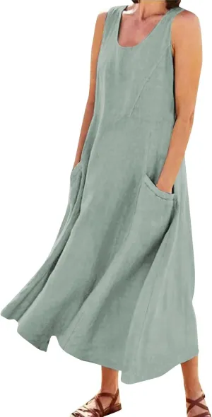 Womens Summer Linen Tank Dresses Casual Beach Floral Sleeveless Vacation Sundress Travel Outfits Cotton Maxi Dress