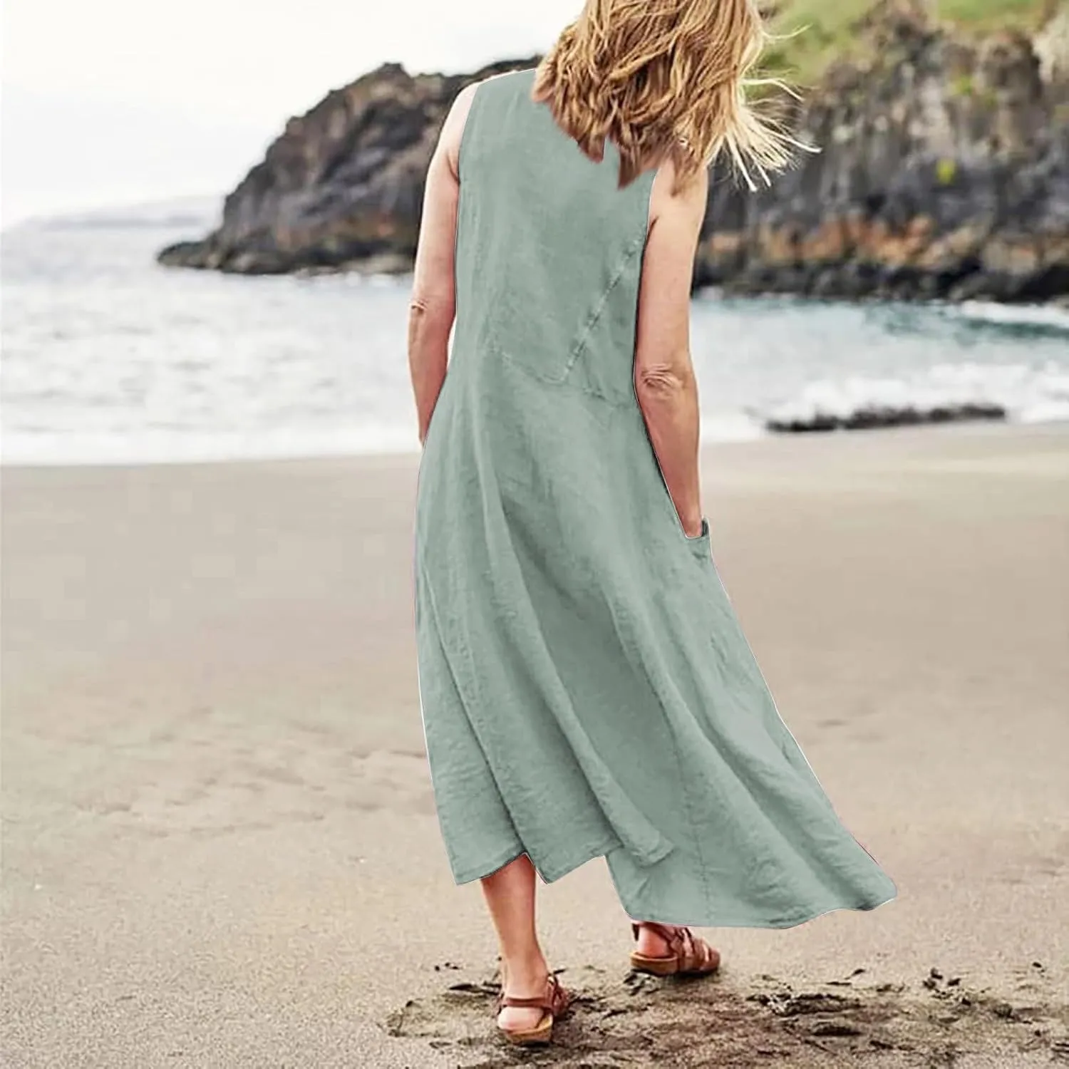 Womens Summer Linen Tank Dresses Casual Beach Floral Sleeveless Vacation Sundress Travel Outfits Cotton Maxi Dress