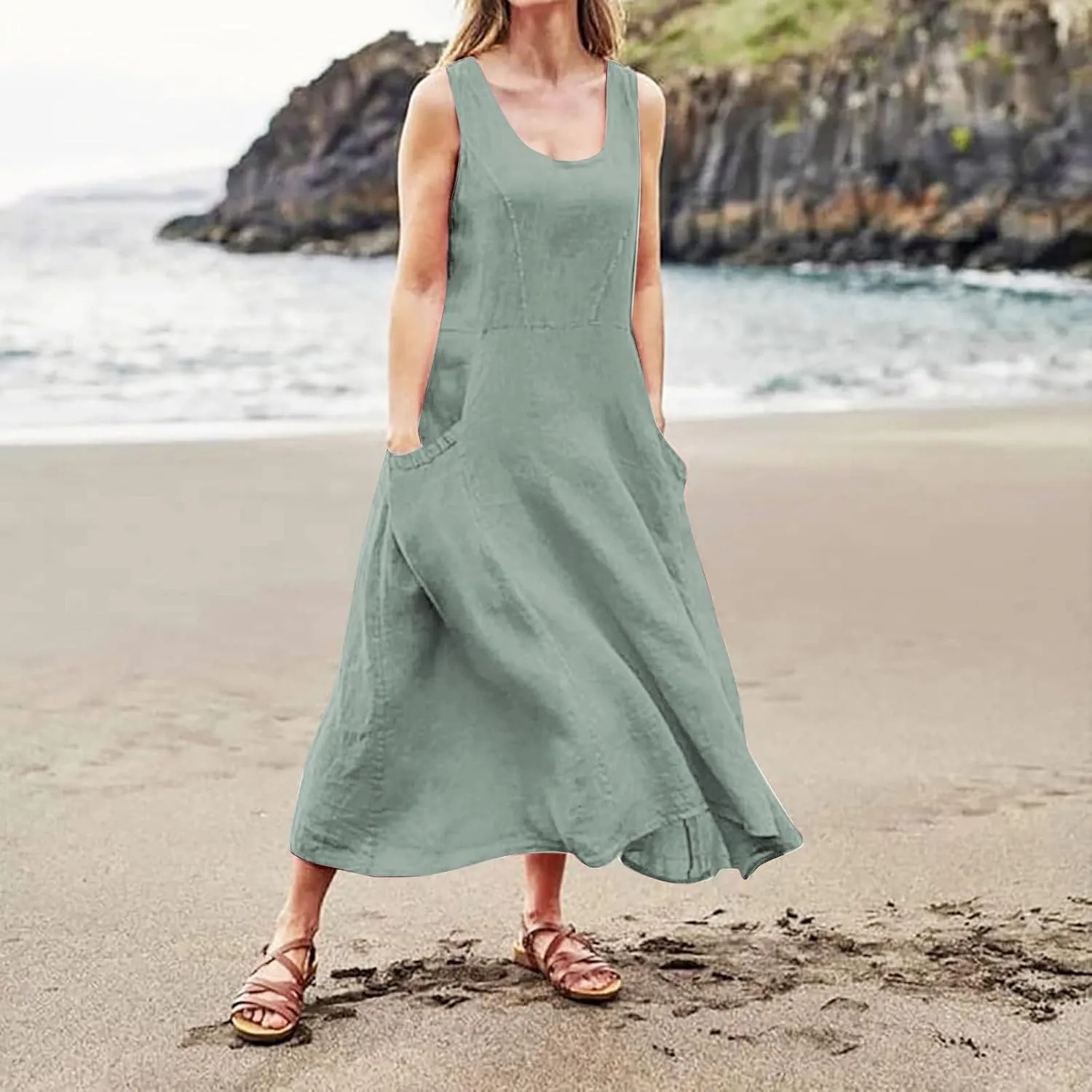 Womens Summer Linen Tank Dresses Casual Beach Floral Sleeveless Vacation Sundress Travel Outfits Cotton Maxi Dress