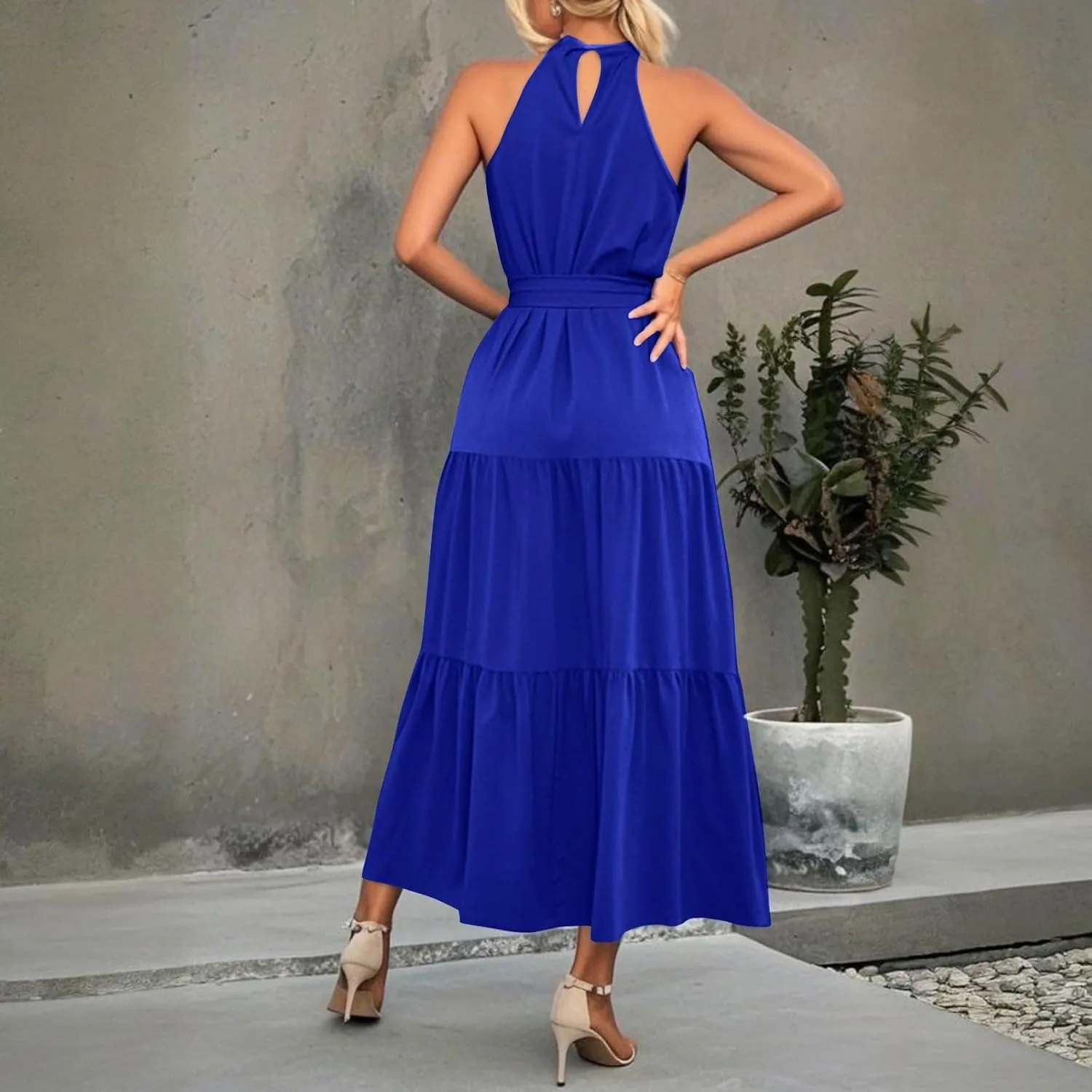 Womens Summer Sleeveless Halter Neck Maxi Sundresses Flowy Ruffle Hem Long Boho Dresses with Belt