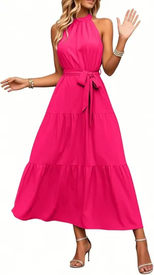 Womens Summer Sleeveless Halter Neck Maxi Sundresses Flowy Ruffle Hem Long Boho Dresses with Belt
