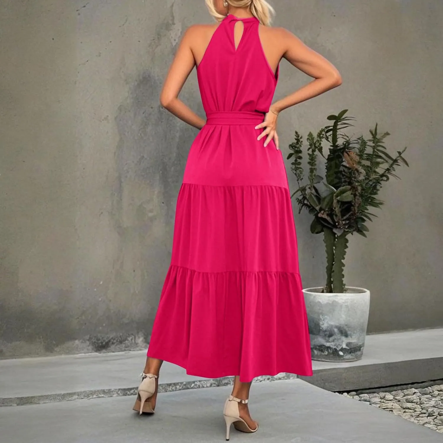 Womens Summer Sleeveless Halter Neck Maxi Sundresses Flowy Ruffle Hem Long Boho Dresses with Belt