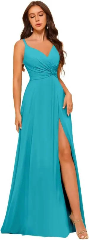 Women's V-Neck Chiffon Bridesmaid Dresses Long A Line Spaghetti Strap Ruched Formal Evening Gown with Slit