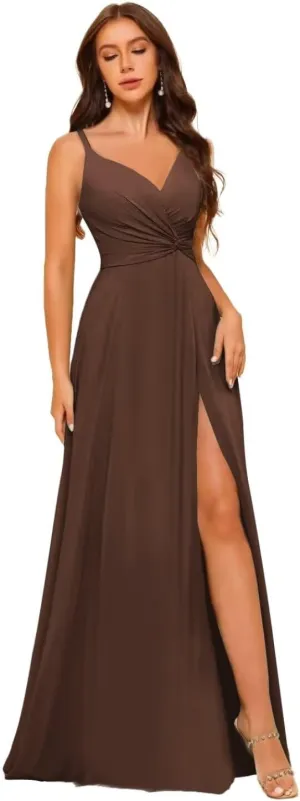 Women's V-Neck Chiffon Bridesmaid Dresses Long A Line Spaghetti Strap Ruched Formal Evening Gown with Slit