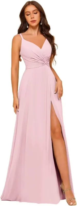 Women's V-Neck Chiffon Bridesmaid Dresses Long A Line Spaghetti Strap Ruched Formal Evening Gown with Slit