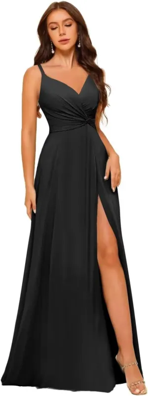 Women's V-Neck Chiffon Bridesmaid Dresses Long A Line Spaghetti Strap Ruched Formal Evening Gown with Slit